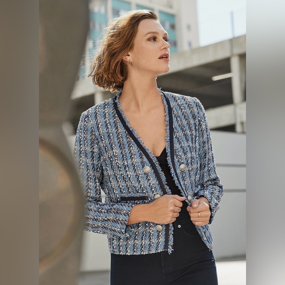 NWT Express Boucle Eyelash Tweed Plaid Blue Jacket Size XL